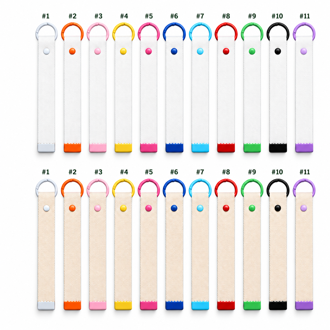 Cotton Key Fob Strap Blanks with Colorful Rings - 11-Piece Assortment, White / Natural, 16 / 19 cm