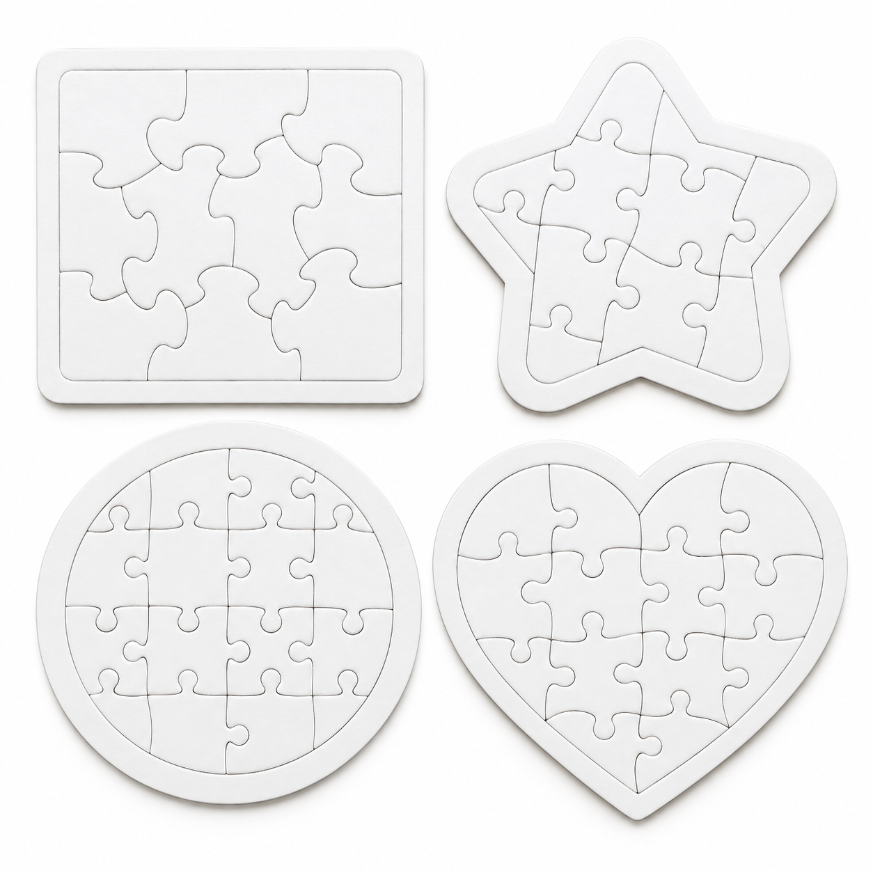 Blank Paperboard Puzzle Set – Rectangle, Circle, Star & Heart | Heat Transfer & Hand Painting