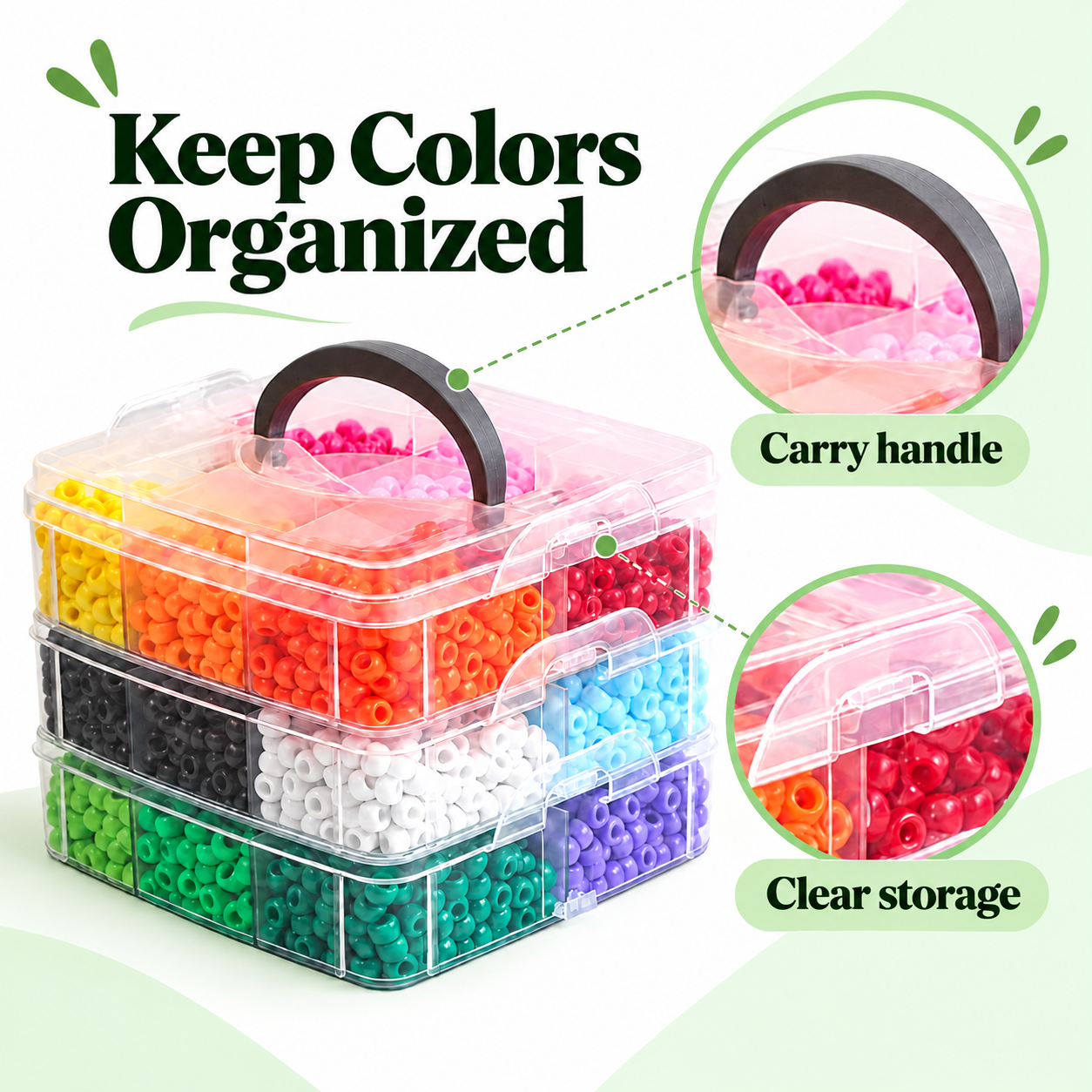 3600pcs Pony Beads Set, 18 Solid Colors, 6 x 9 mm, with 3-Layer Storage Organizer — photo 4