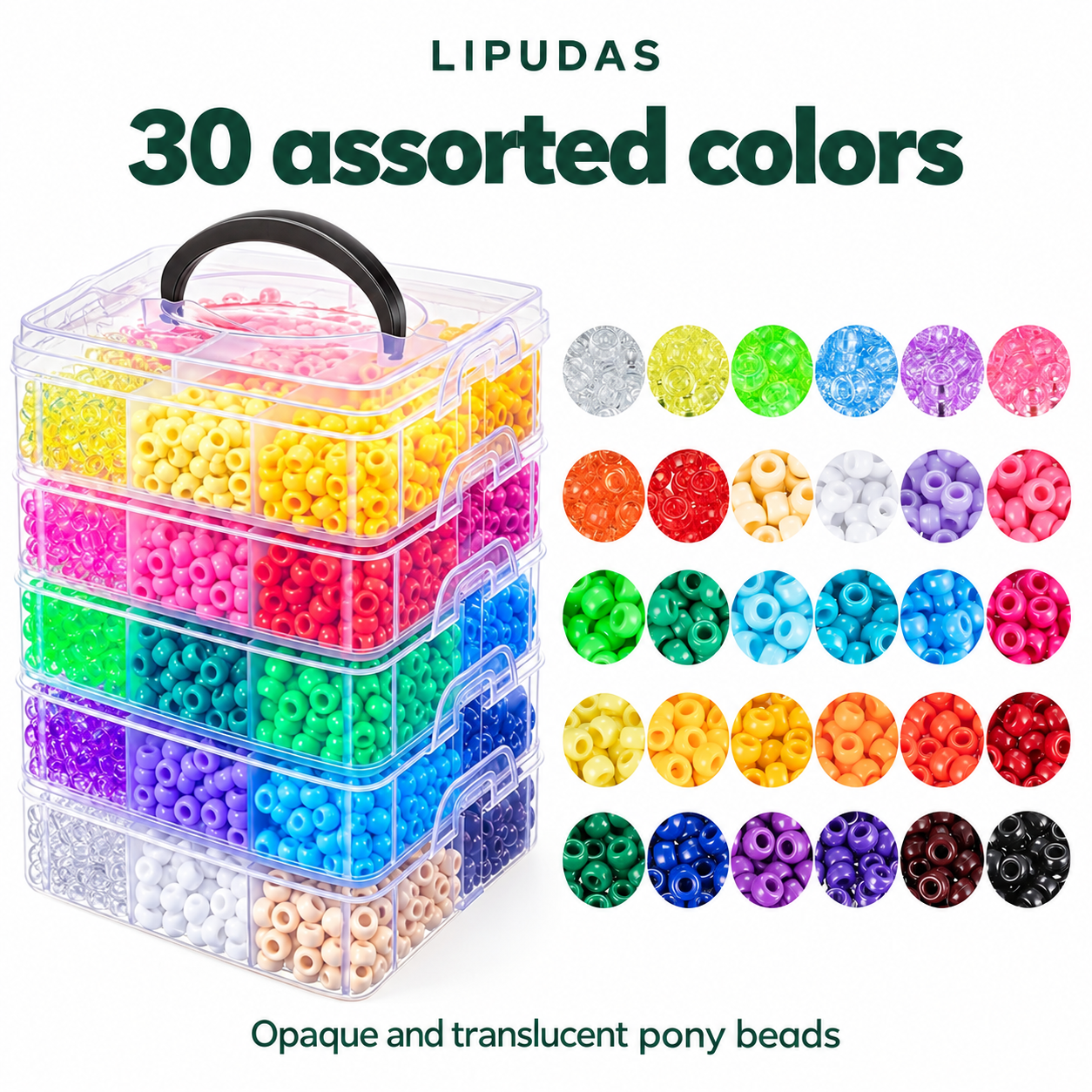 4800pcs Acrylic Pony Beads Set, 30 Assorted Colors, 9 x 6 mm, with 5-Tier Storage Organizer — photo 3