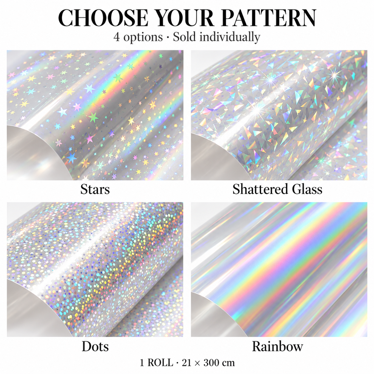 Holographic Self-Adhesive Cold Lamination Film, 21 × 300 cm, 1 Roll – Stars / Shattered Glass / Dots / Rainbow — photo 2