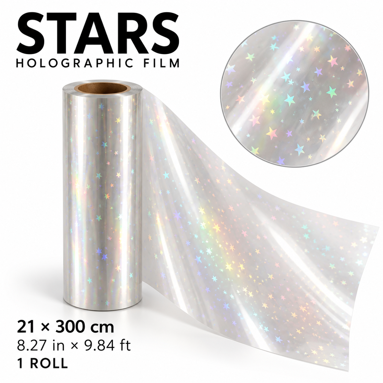 Holographic Self-Adhesive Cold Lamination Film, 21 × 300 cm, 1 Roll – Stars / Shattered Glass / Dots / Rainbow — photo 3