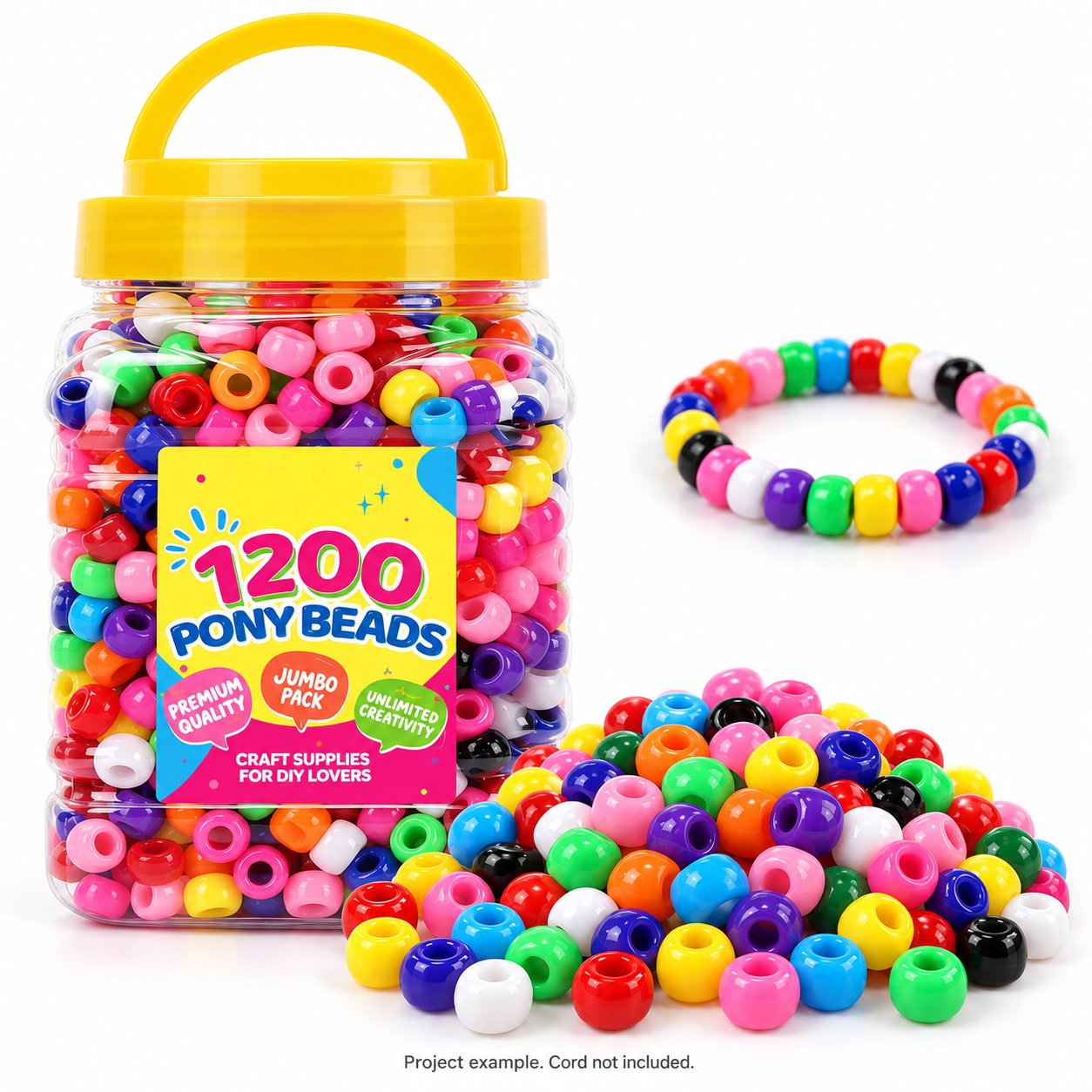 1200pcs Pony Beads, 12 Opaque Colors, 9 x 6 mm, 4 mm Hole, Yellow-Lid Storage Tub