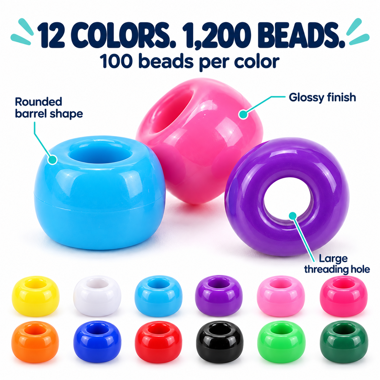 1200pcs Pony Beads, 12 Opaque Colors, 9 x 6 mm, 4 mm Hole, Yellow-Lid Storage Tub — photo 3