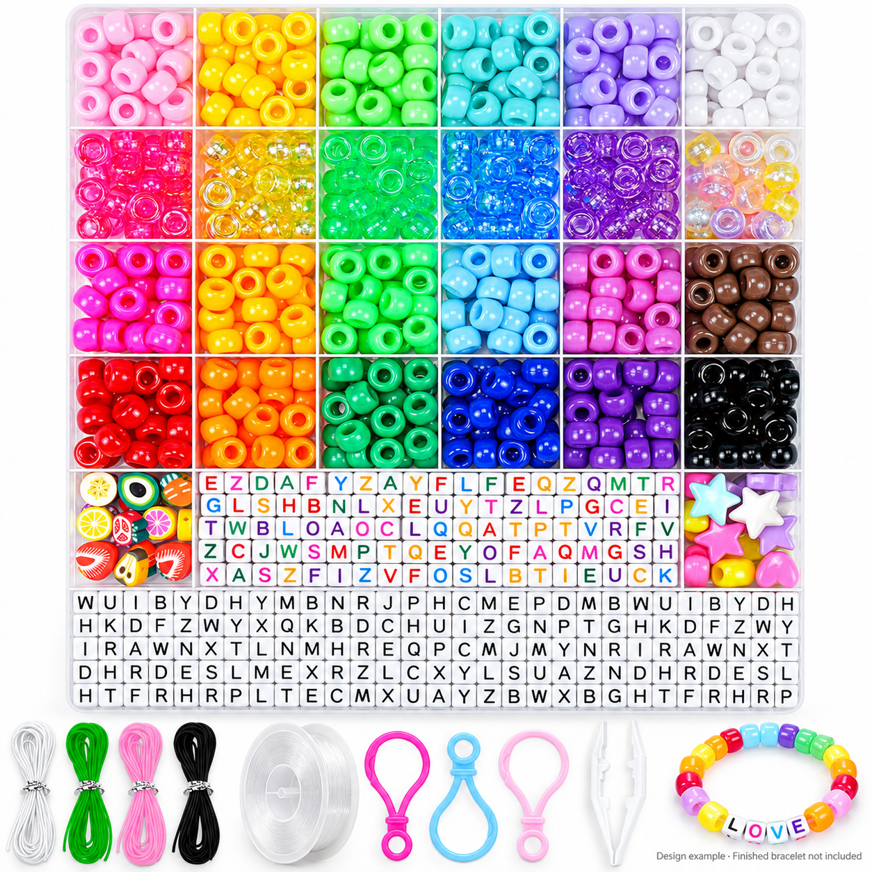 1000-Bead Bracelet-Making Kit, 24 Pony Bead Colors, Alphabet & Shape Beads, Clear Storage Box