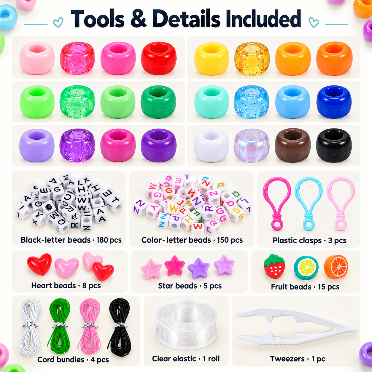 1000-Bead Bracelet-Making Kit, 24 Pony Bead Colors, Alphabet & Shape Beads, Clear Storage Box — photo 2
