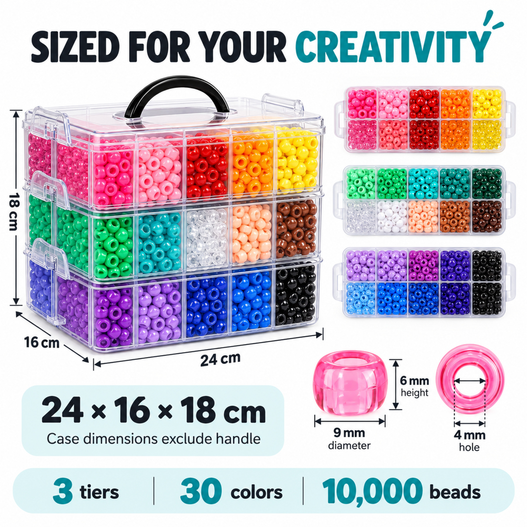 10000pcs Pony Beads, 30 Colors, 9 x 6 mm, with 3-Tier Carry Storage Case — photo 2