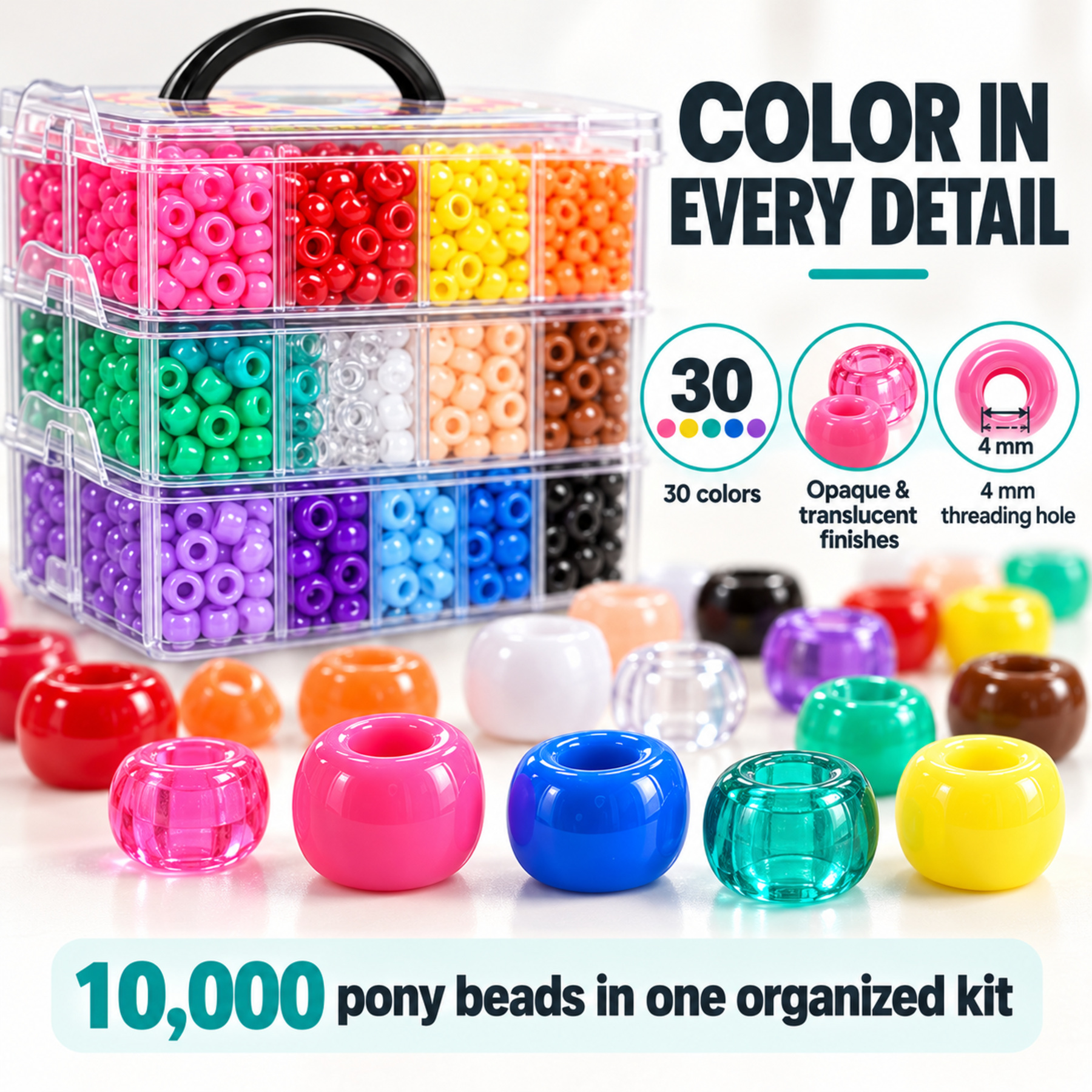 10000pcs Pony Beads, 30 Colors, 9 x 6 mm, with 3-Tier Carry Storage Case — photo 3